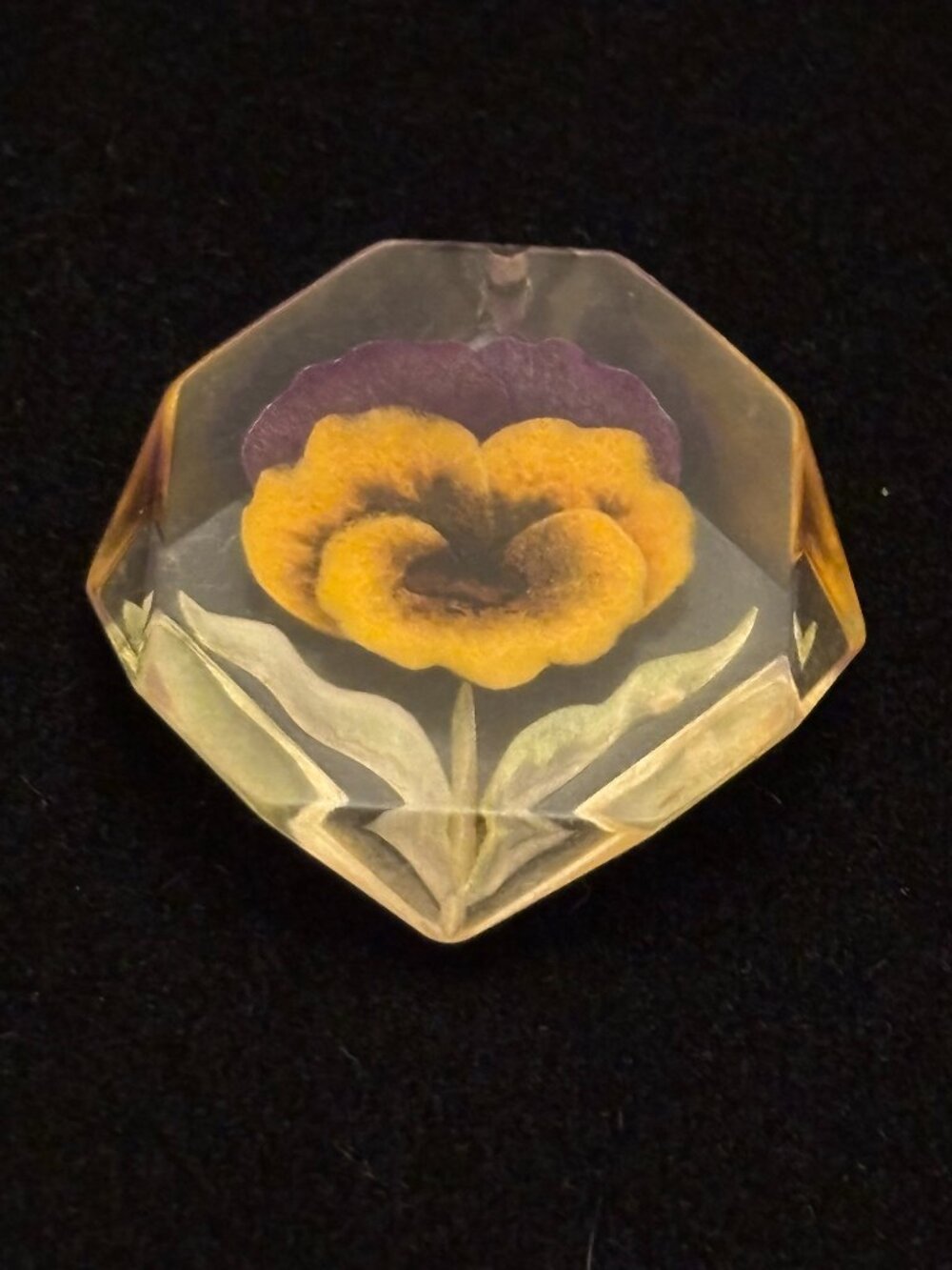 Vintage 1950's Lucite Reversed Carved Purple & Yellow Pansy Pendant